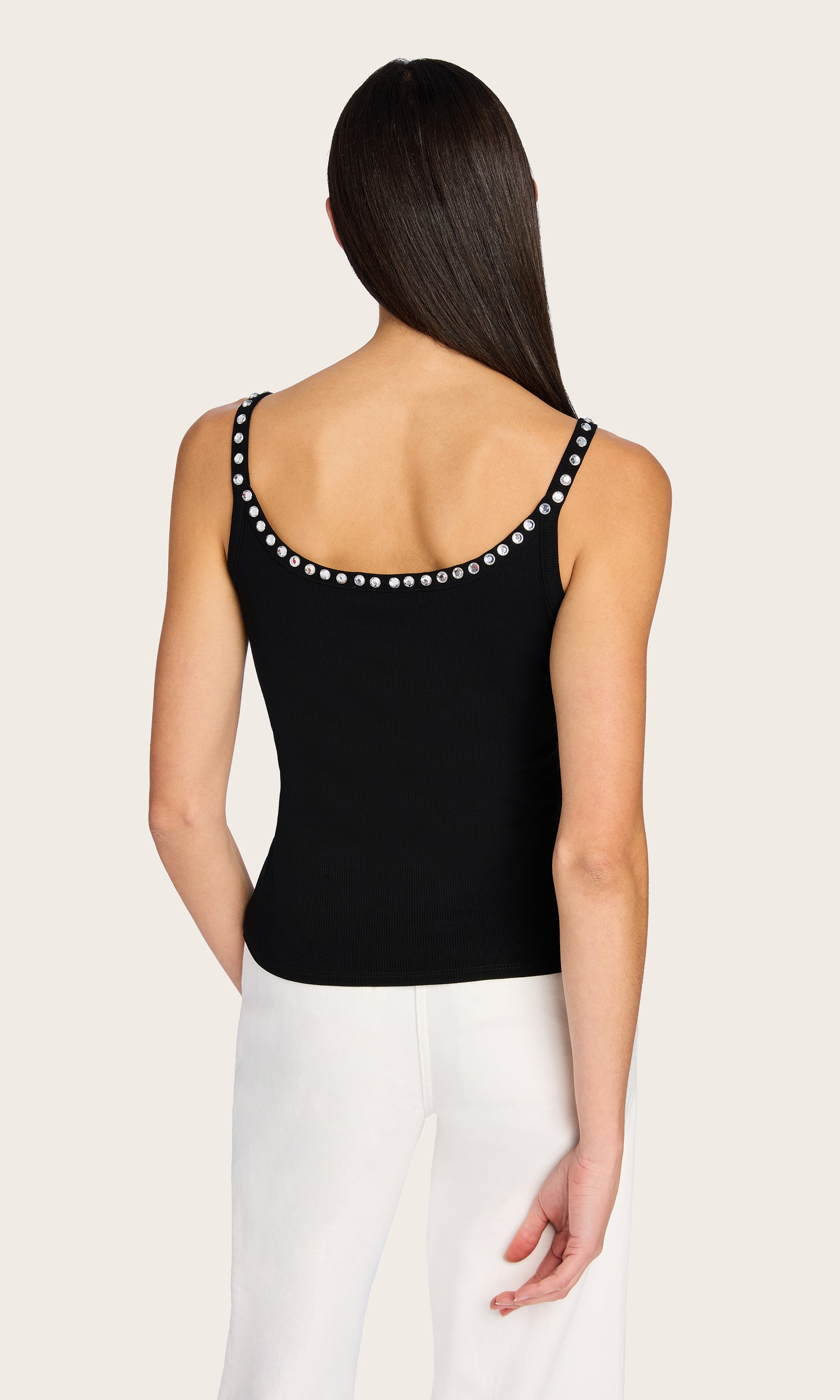 Rear view of the Iris Crystal Tank Top, showcasing the smooth back design and slim straps for a sleek, minimal finish.