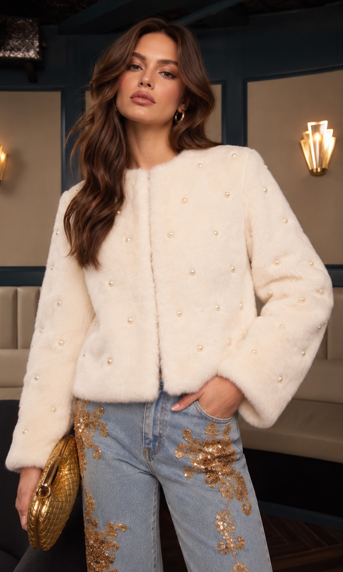A woman models a cream-colored faux fur jacket embellished with small gold beads, paired with light blue jeans featuring gold sequin embroidery.