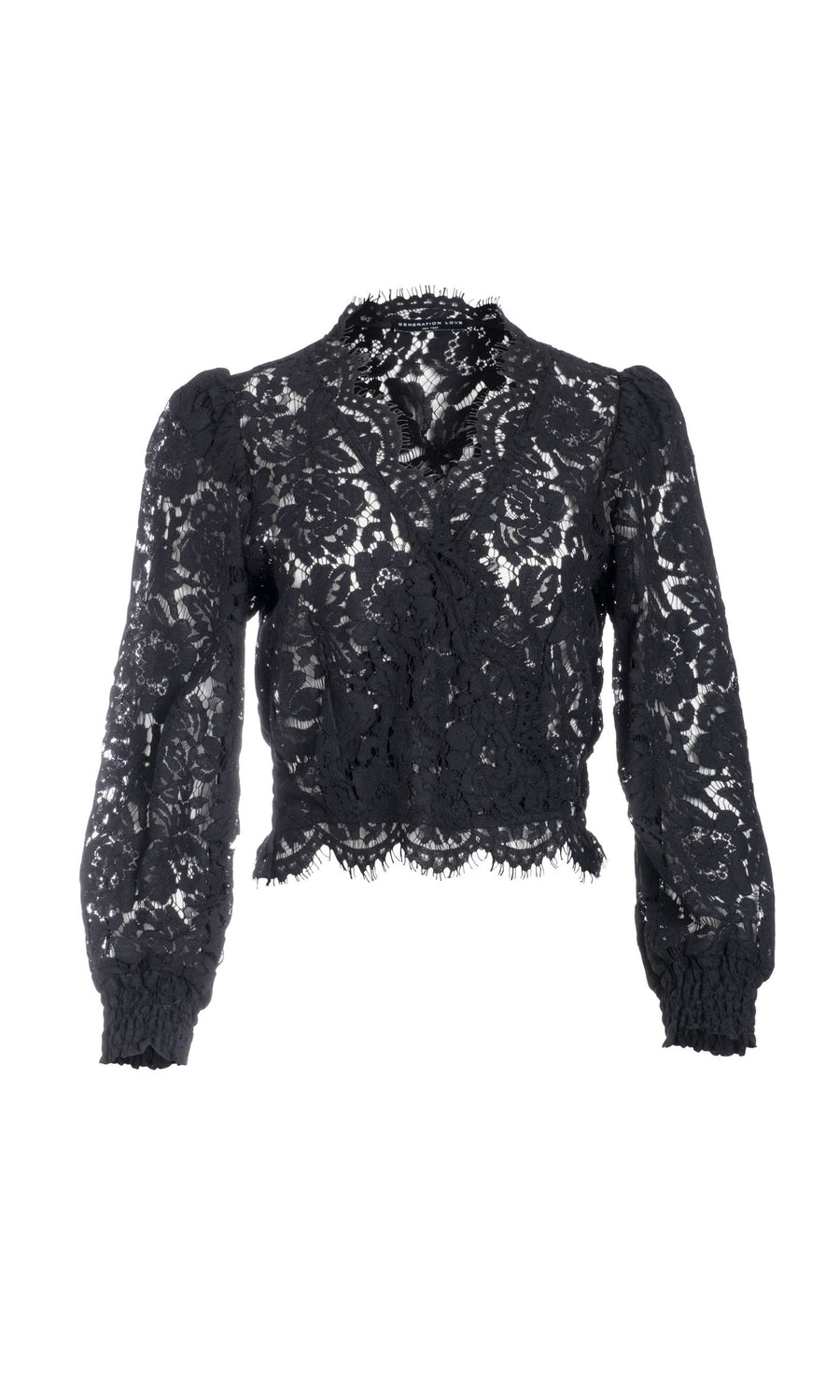 black lace blouse with long-sleeves and a deep v-neck