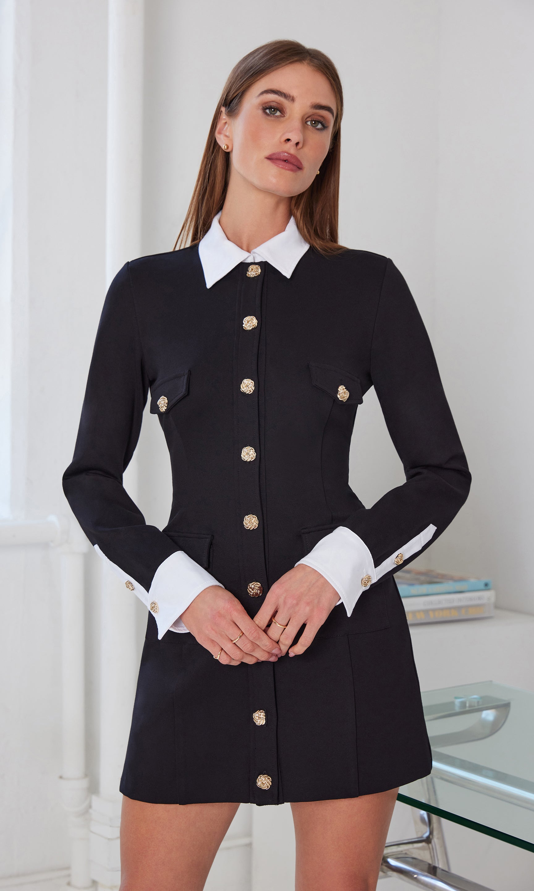 Front view of the Kendall Poplin Combo Ponte Dress in black, featuring a crisp white collar and gold button detailing.