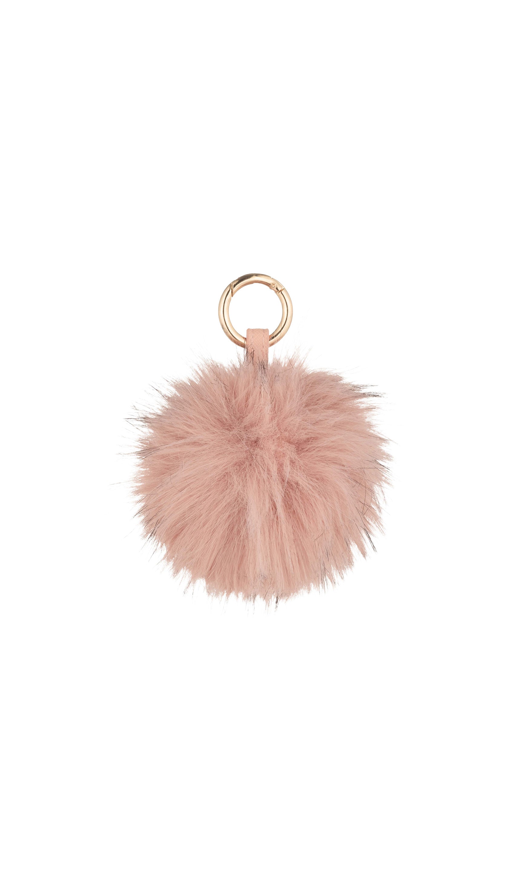Fluffy pink pom pom keychain on a gold tone ring