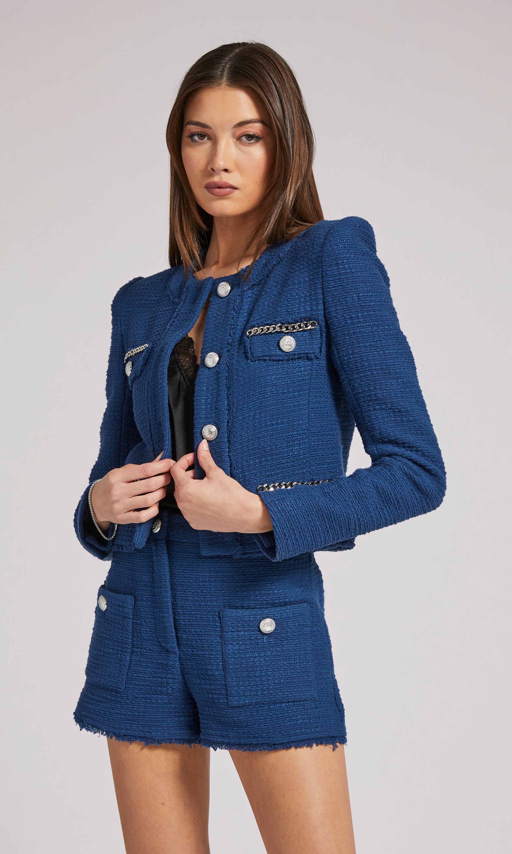 Generation Love Women's Kristen Embellished Tweed Blazer - Blue - Size L - Oxford Navy