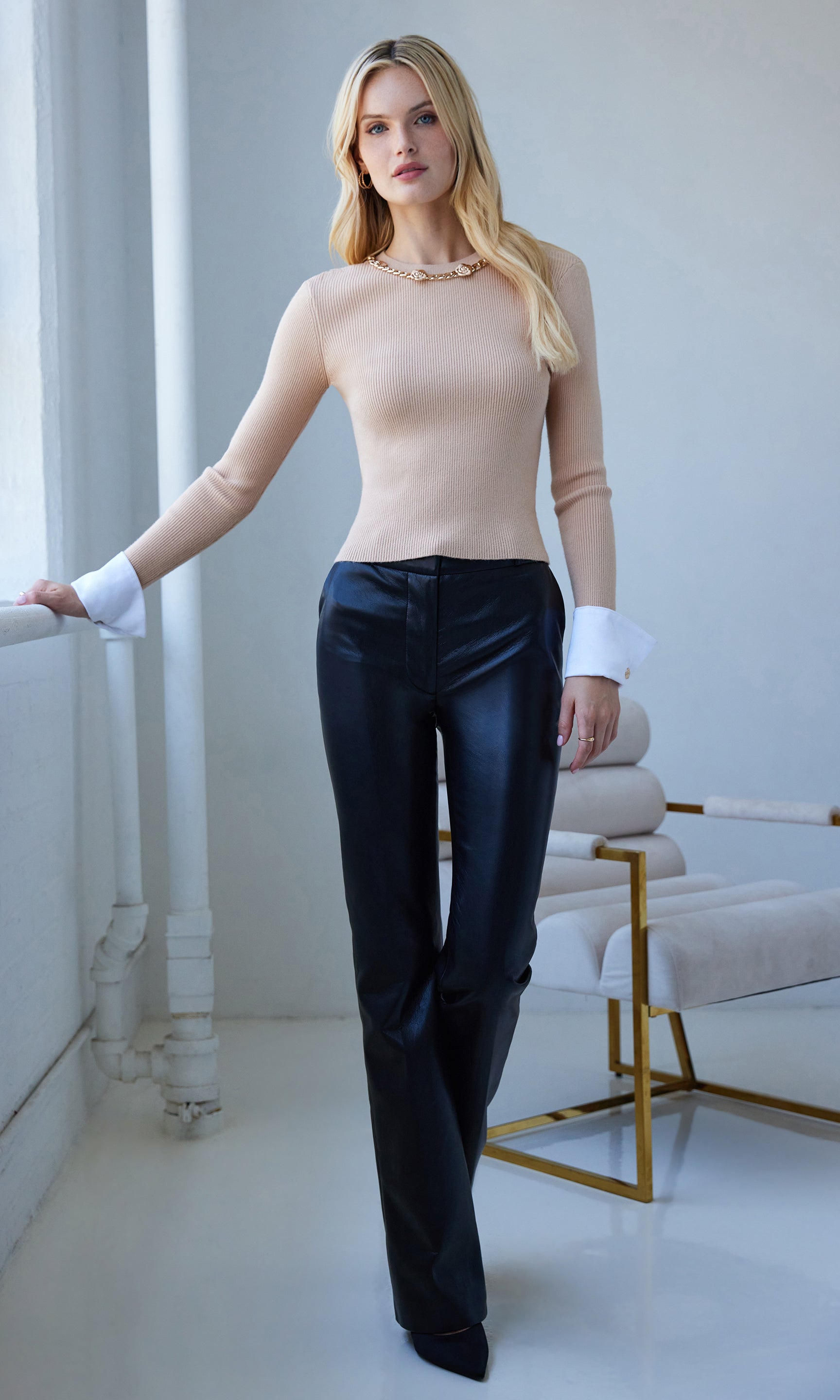 Full body front view of the Leiber Rib Sweater With Poplin Cuff in beige, showcasing its slim fit and contrast cuffs.