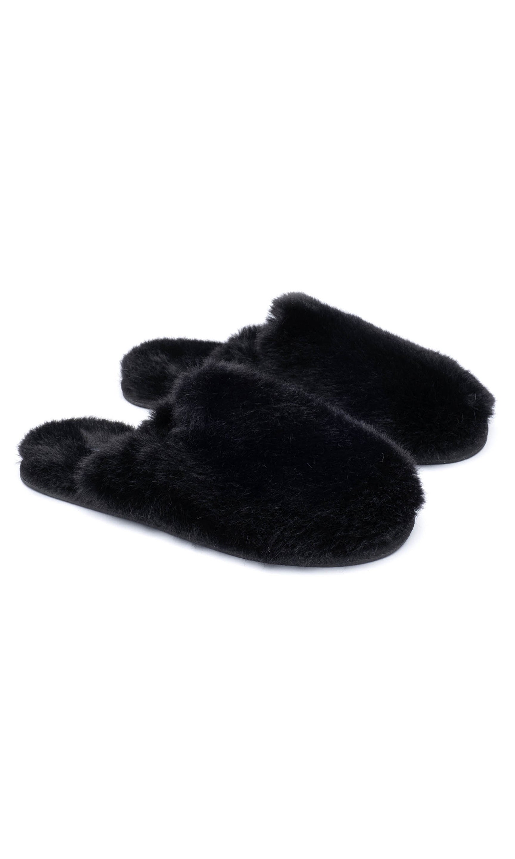 Black fuzzy slippers on a white background