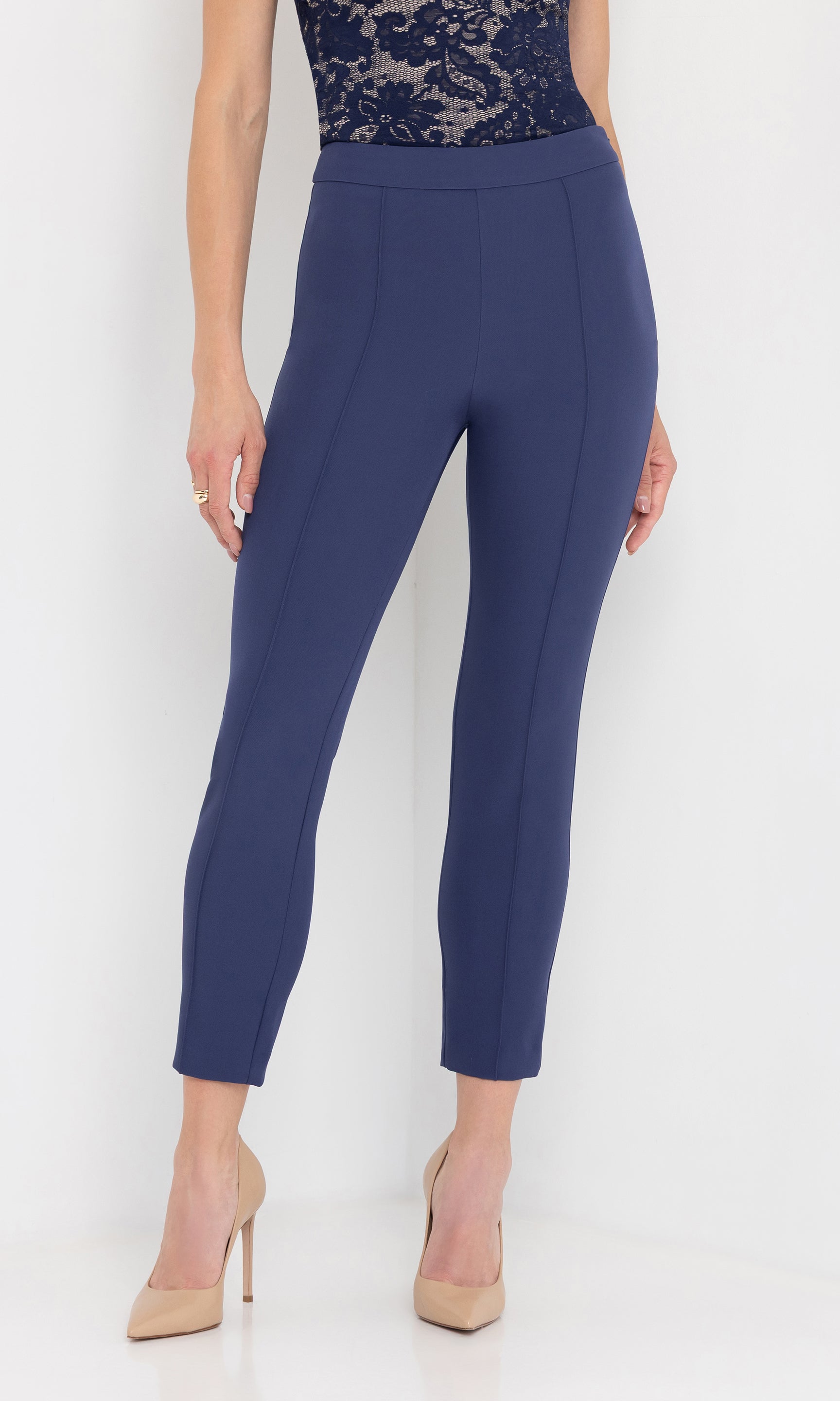 Front view of the lonny crepe pants highlighting the slim ankle-length fit.