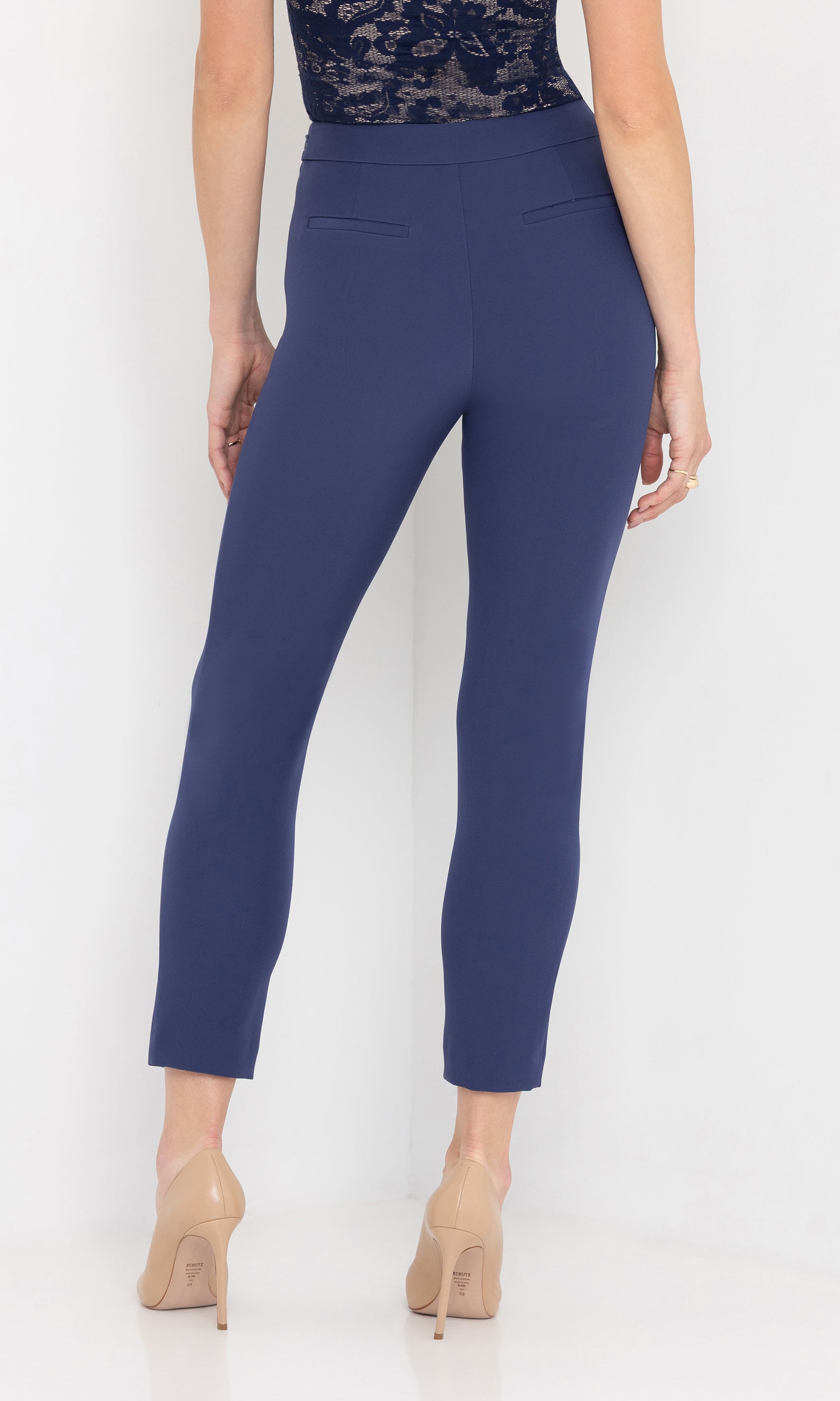 Side view of the lonny crepe pants showing the tailored silhouette.