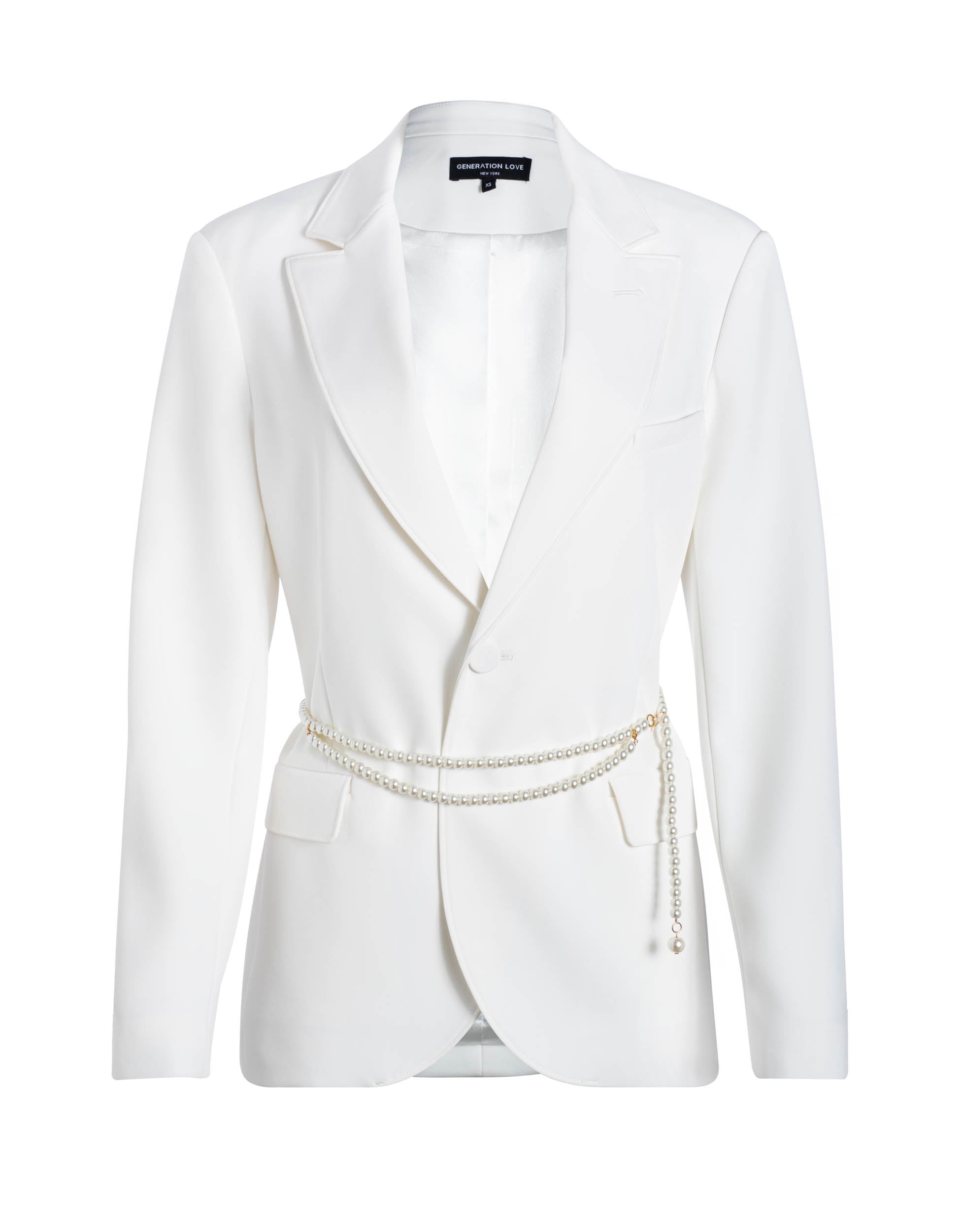 White blazer with single button closure and faux pearl belt.