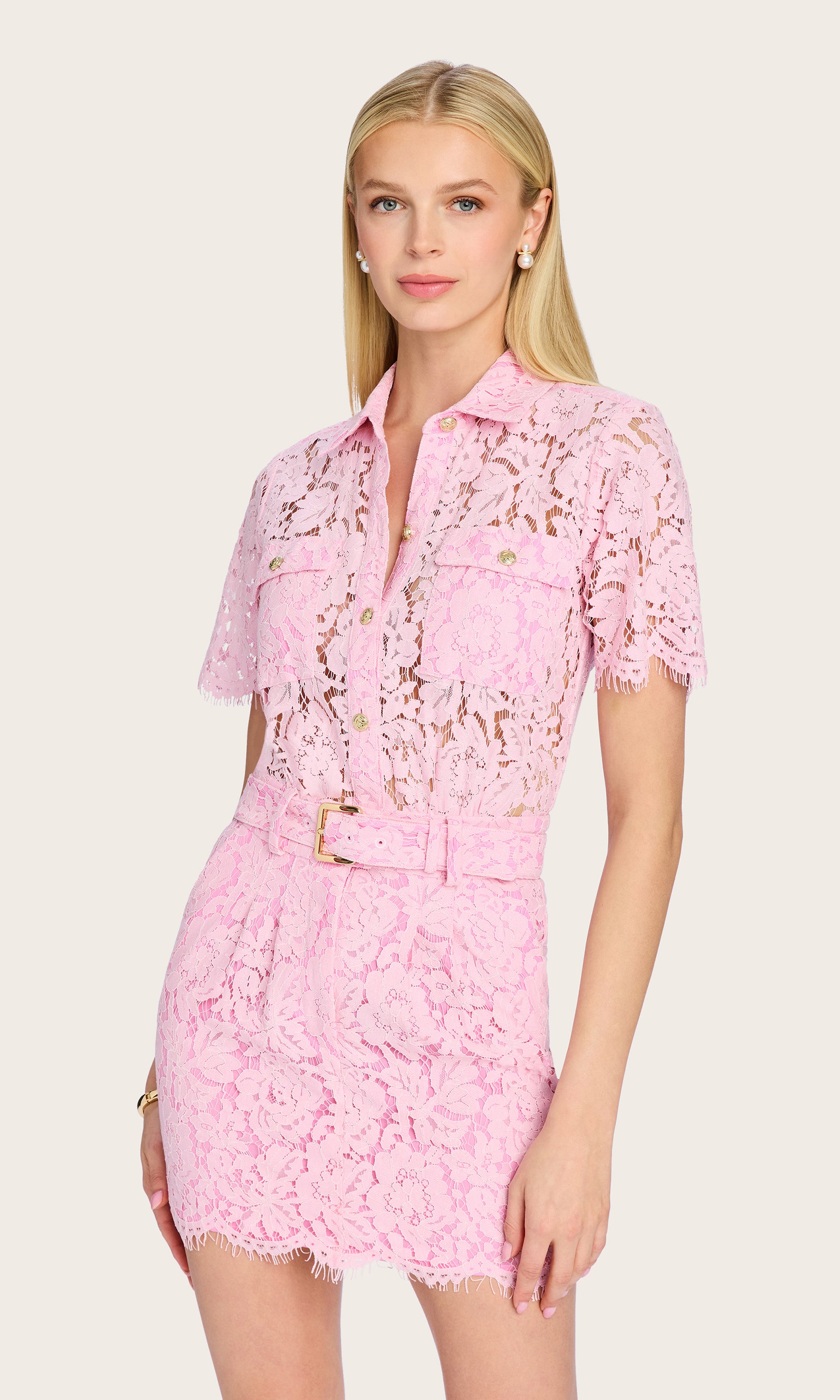 Front view of the Morgana Lace Dress styled with matching accessories for a polished look.