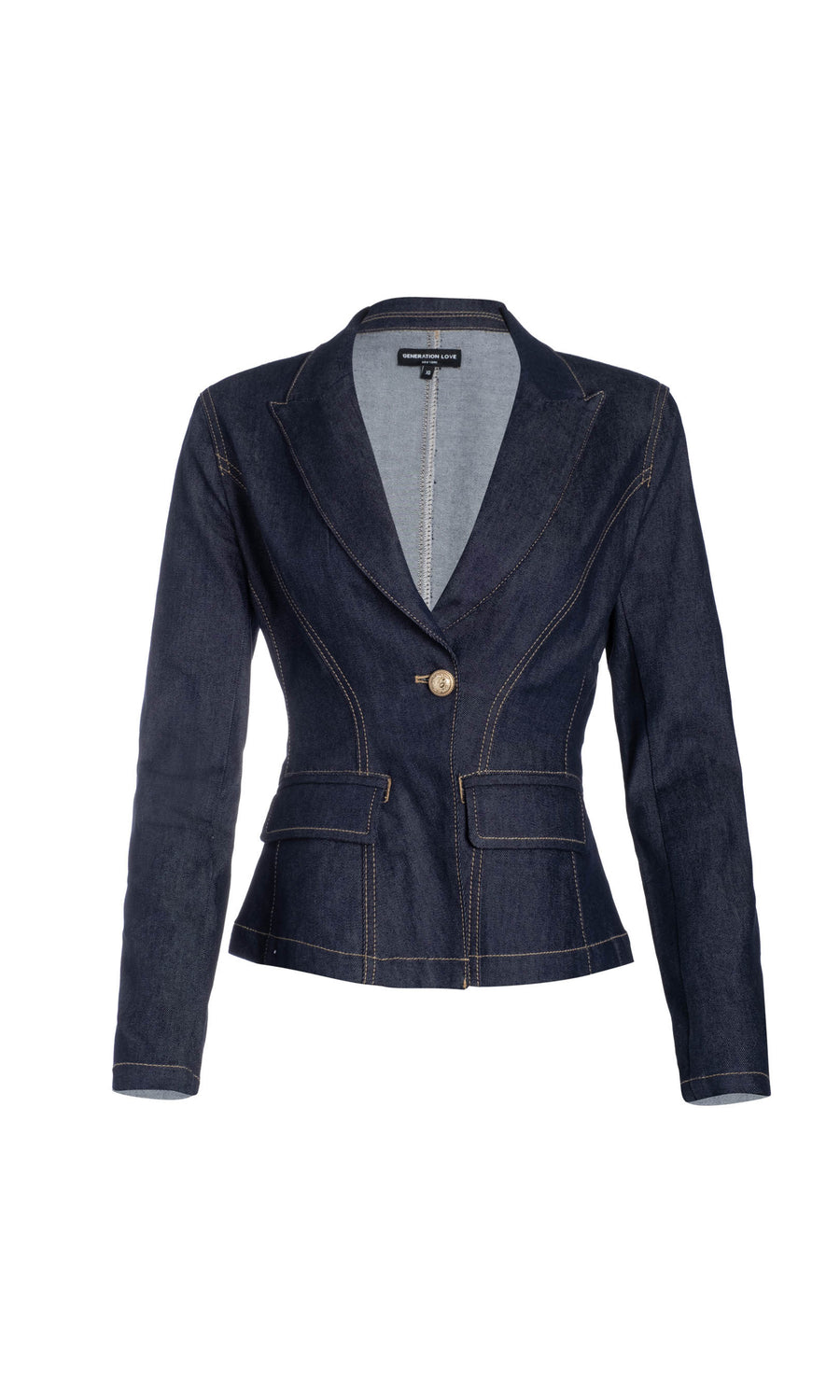 dark blue denim jacket with front button closure