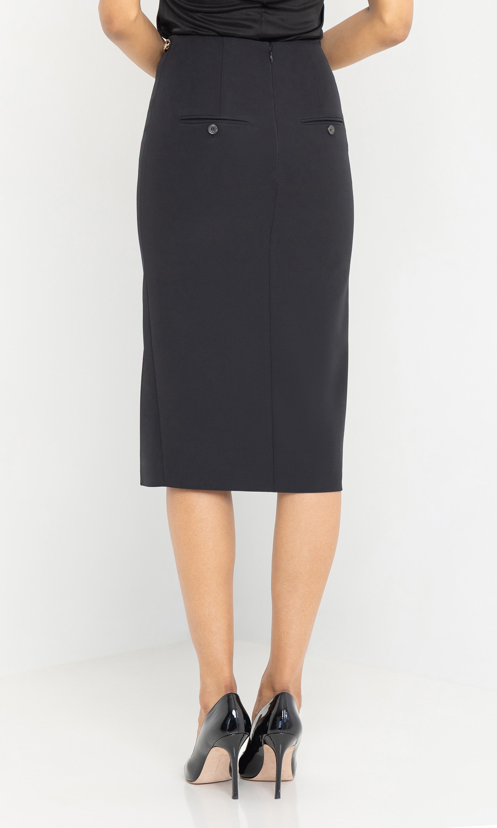 Rear view of the margery crepe skirt showing the clean finish.