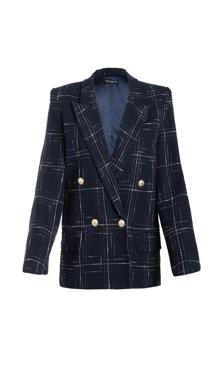 navy tweed blazer with gold button details