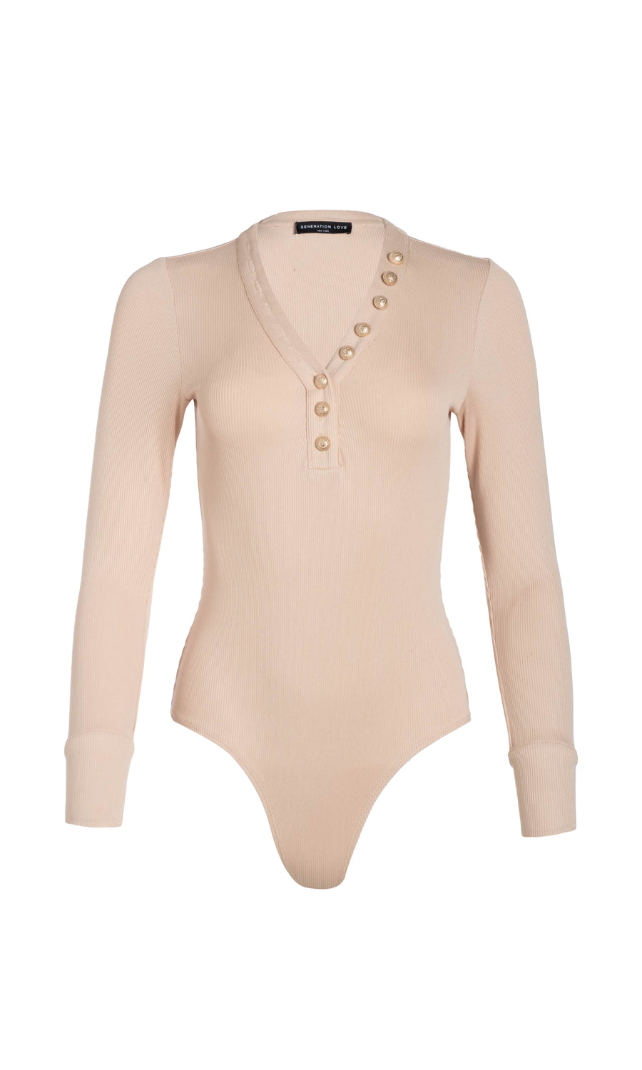 sand colored ribbed bodysuit with gold buttons at the front