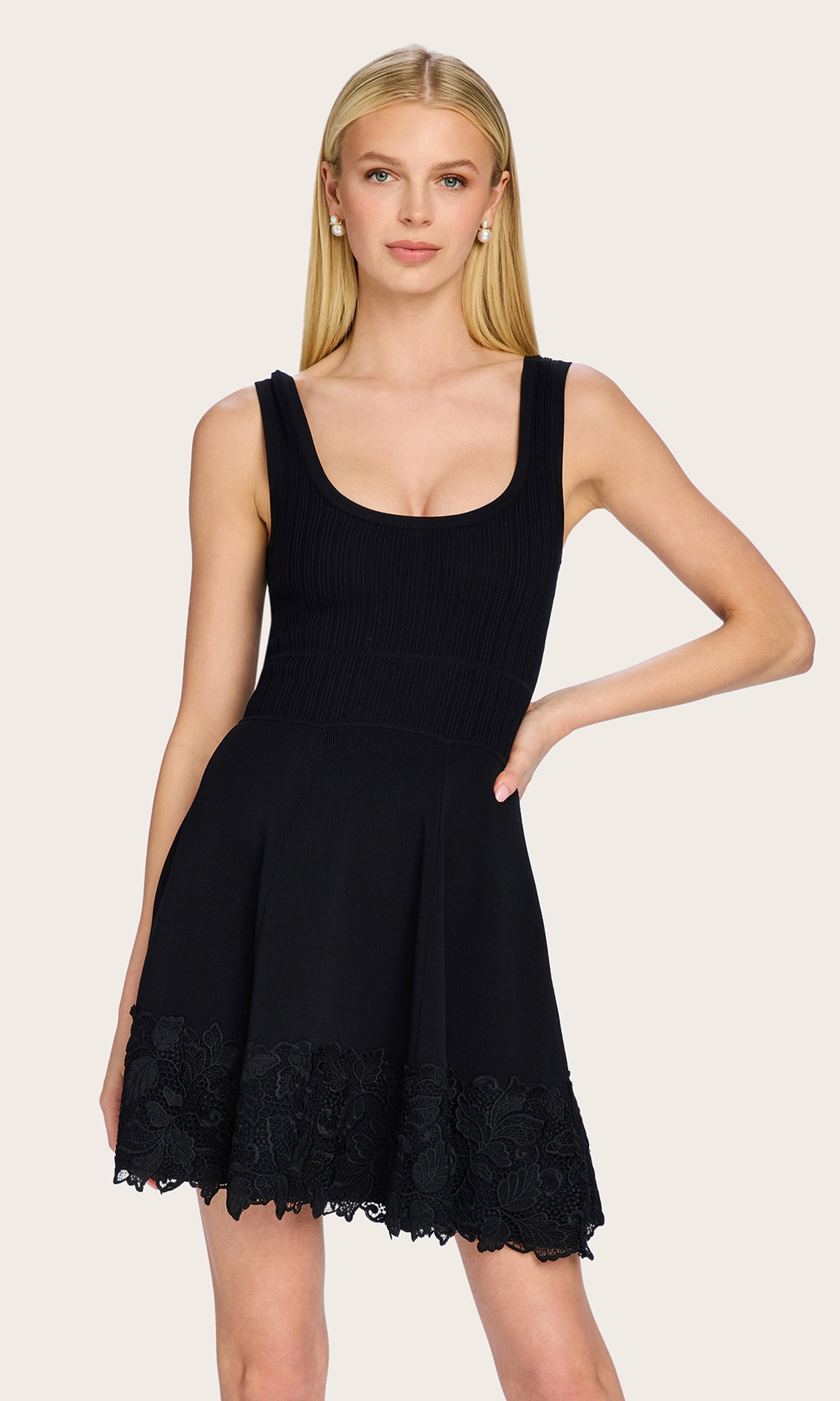 Front view of the model in the Orpheus Lace Combo Rib Dress, showing the tank-style neckline and feminine silhouette.