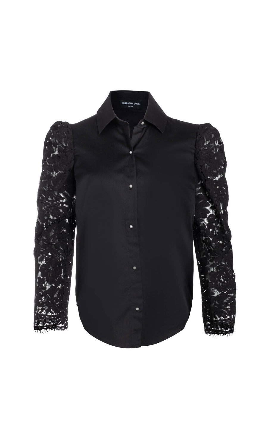 black button-down blouse with lace sleeves