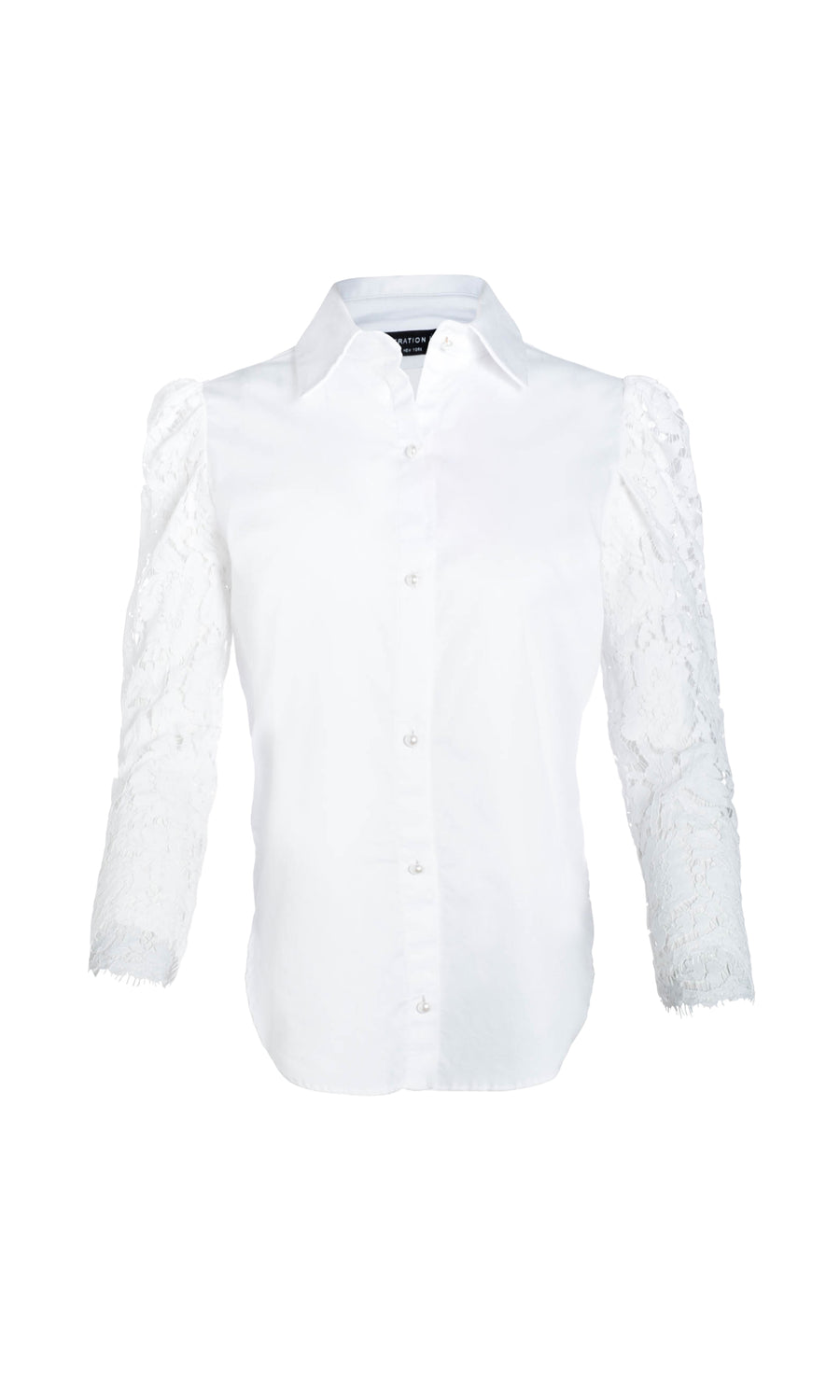 white button-down blouse with lace, puff-sleeves