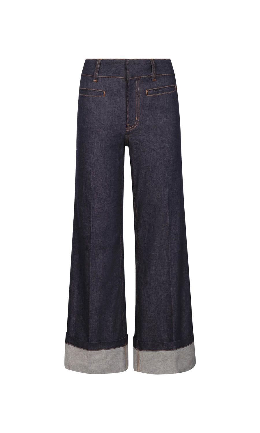 sheen denim jeans with contrast stitching and wide, cuffed-legs