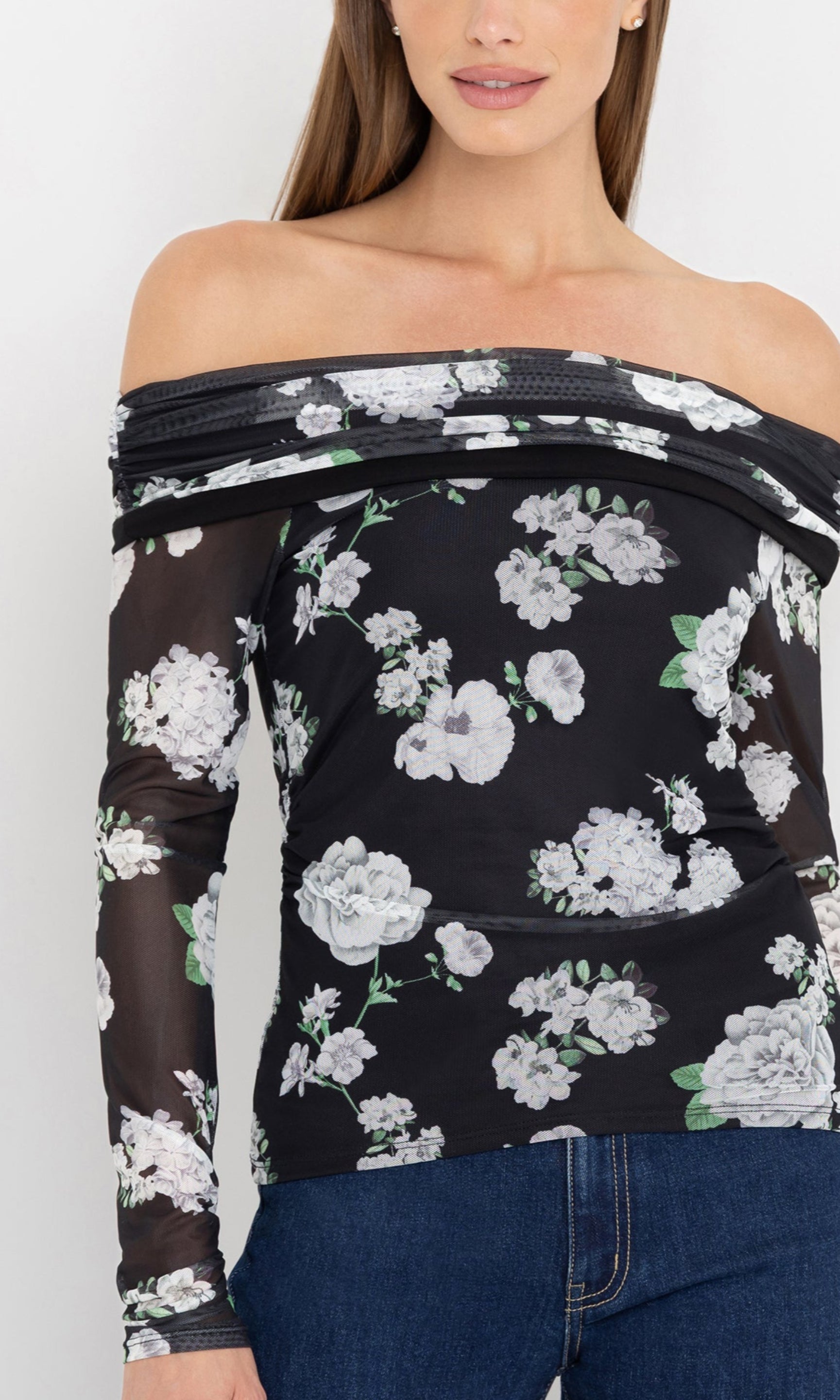 Close-up front view of the romeo floral mesh top highlighting the floral print.