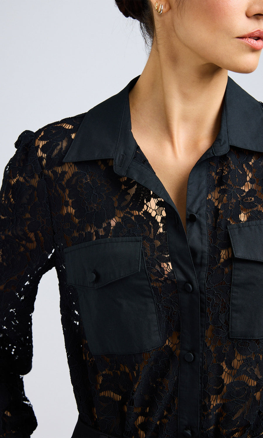 Close-up of the black lace poplin combo shirt, highlighting the flat shank self-covered buttons and intricate lace design.