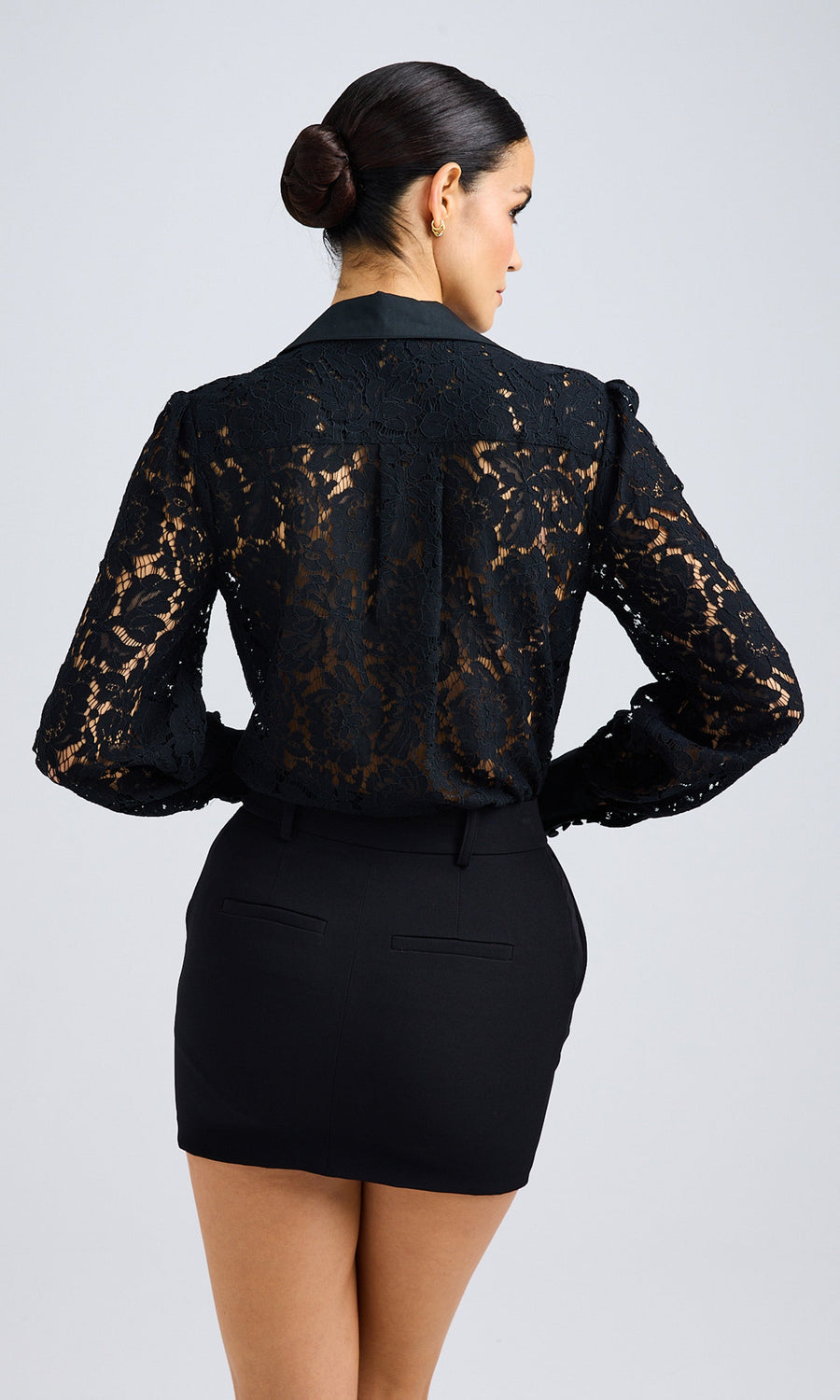 Back view of the black lace poplin combo shirt, displaying the lace detailing and tailored fit.