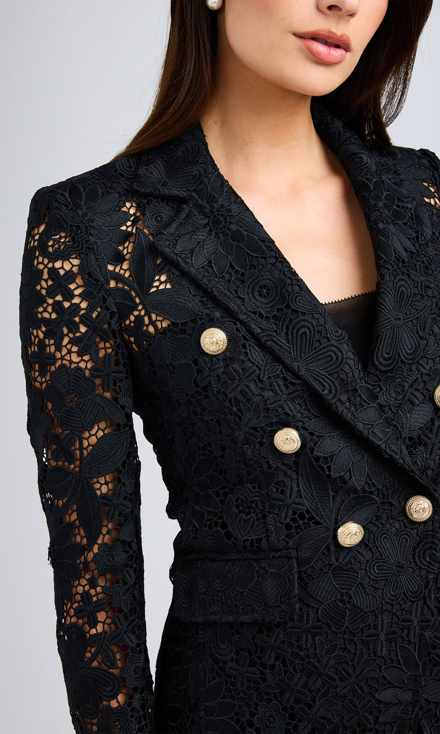 Close-up view highlighting the gold buttons and intricate lace design of the black blazer.