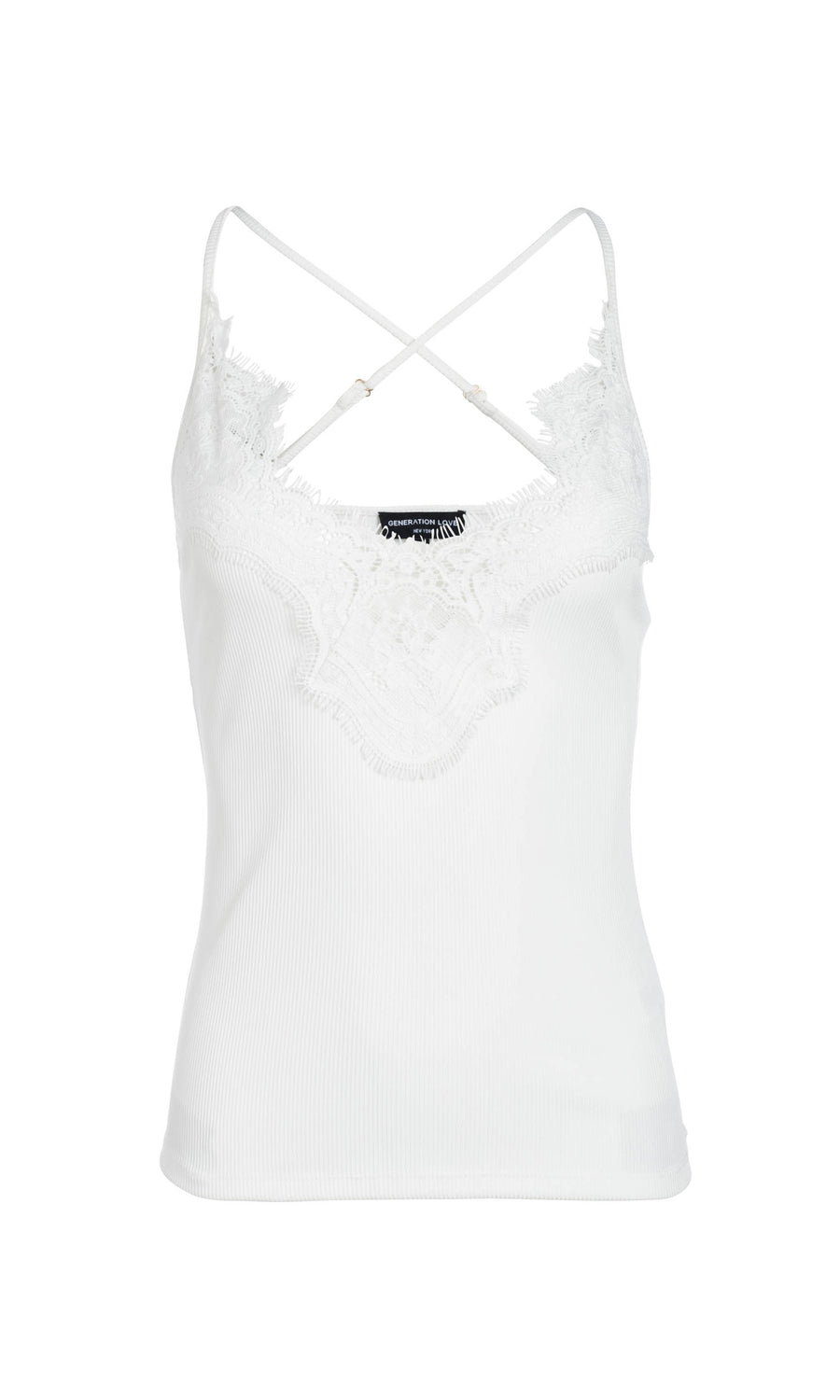 Ghost image of white lace cami top, highlighting intricate lace pattern and thin adjustable straps.