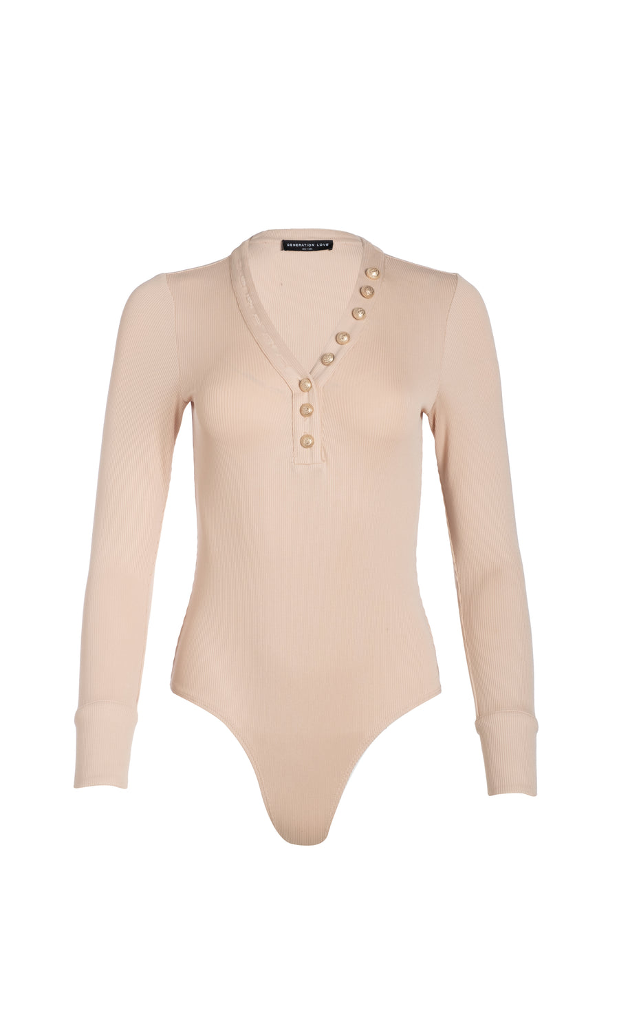 ribbed bodysuit with gold buttons photographed flat 