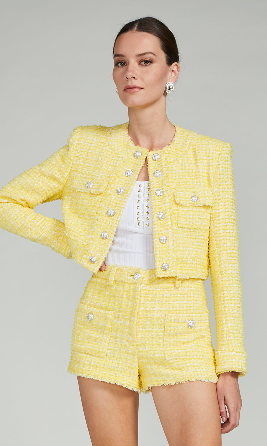Valentina Cropped Tweed Jacket - Yellow/White