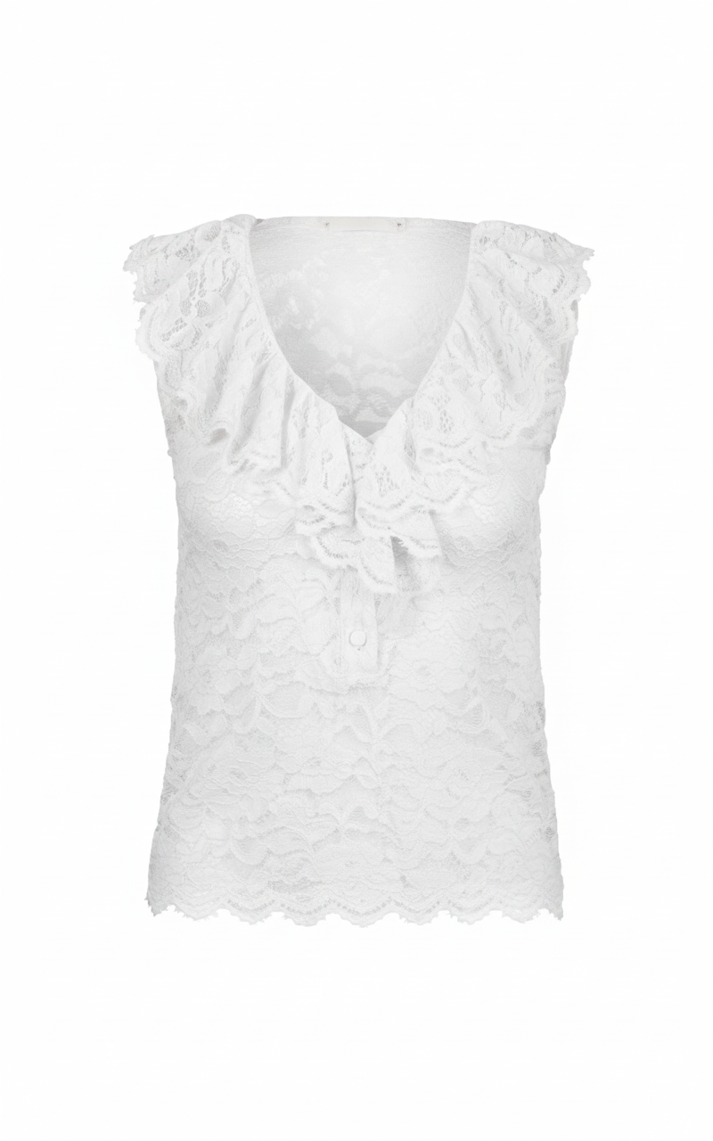 Image of a white lace tank top with ruffle detail.