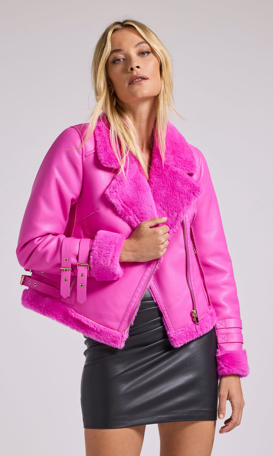 Dion Faux Fur Shearling Moto Jacket - Hot Pink