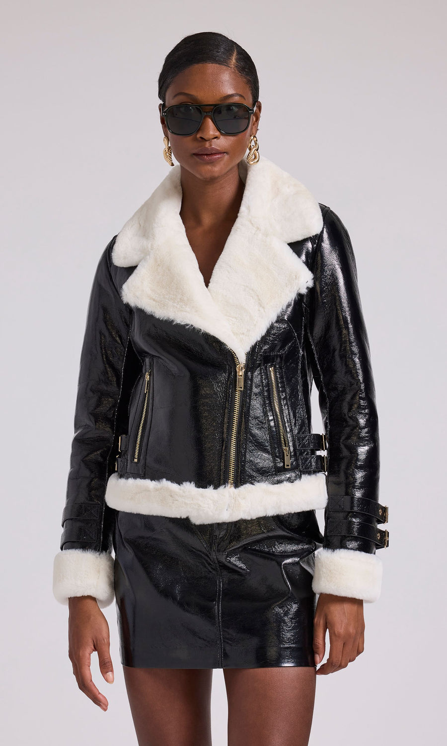 Dion Faux Fur Shearling Moto Jacket - Black/White