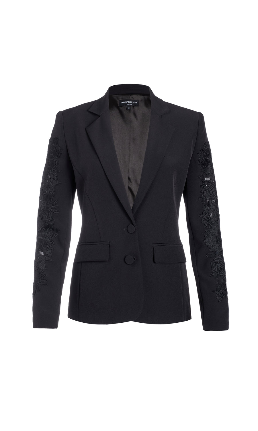  fitted, black blazer with lace sleeve-details