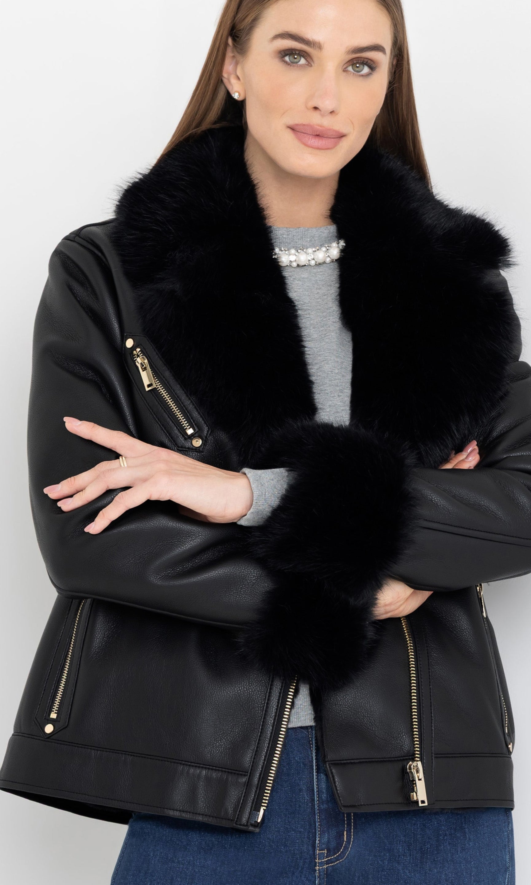 Angled front view highlighting the plush faux shearling trim on the jacket.