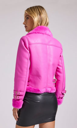 Dion Faux Fur Shearling Moto Jacket - Hot Pink