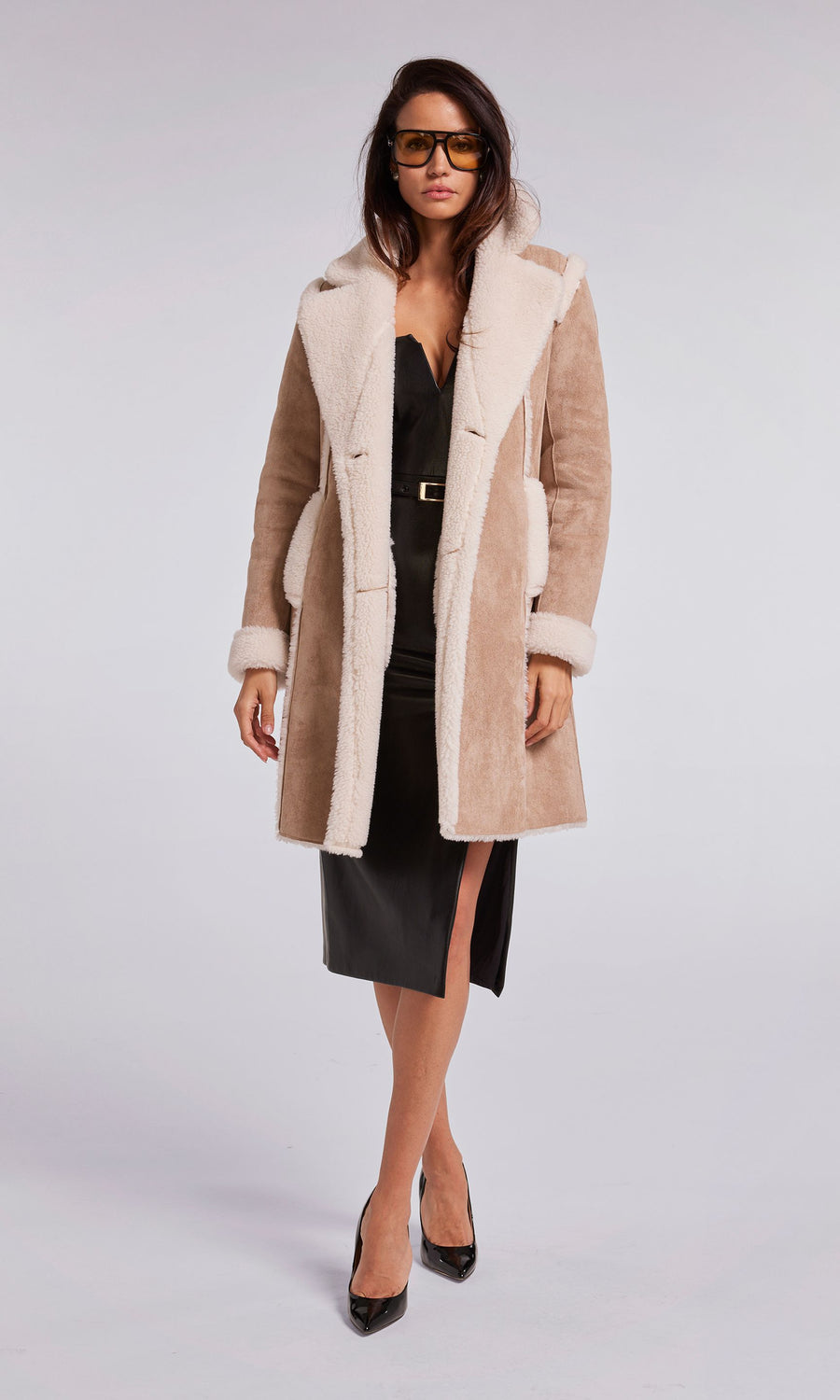 Scottie Faux Suede Shearling Coat - Taupe/White