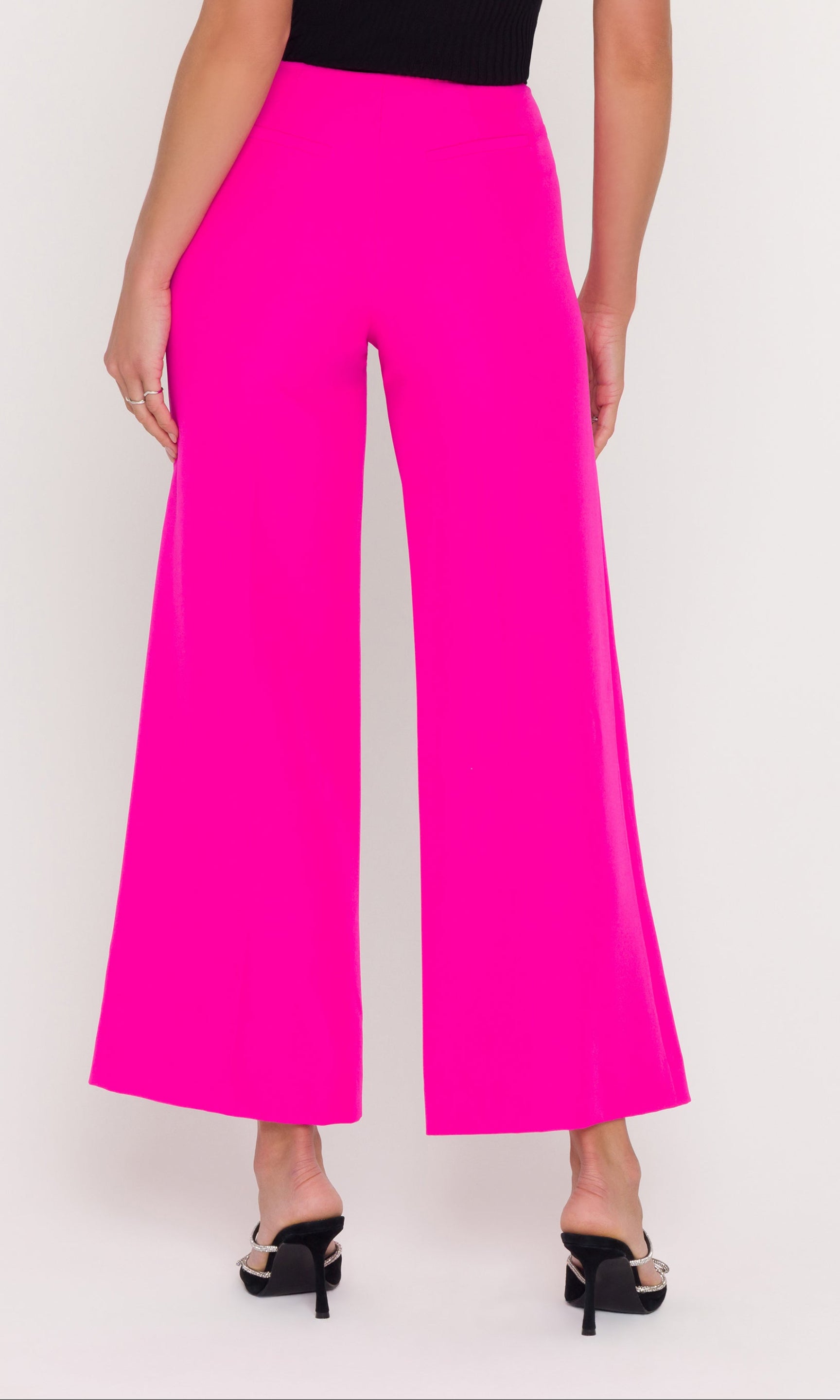 Back view of high waisted magenta wide leg pants on a model