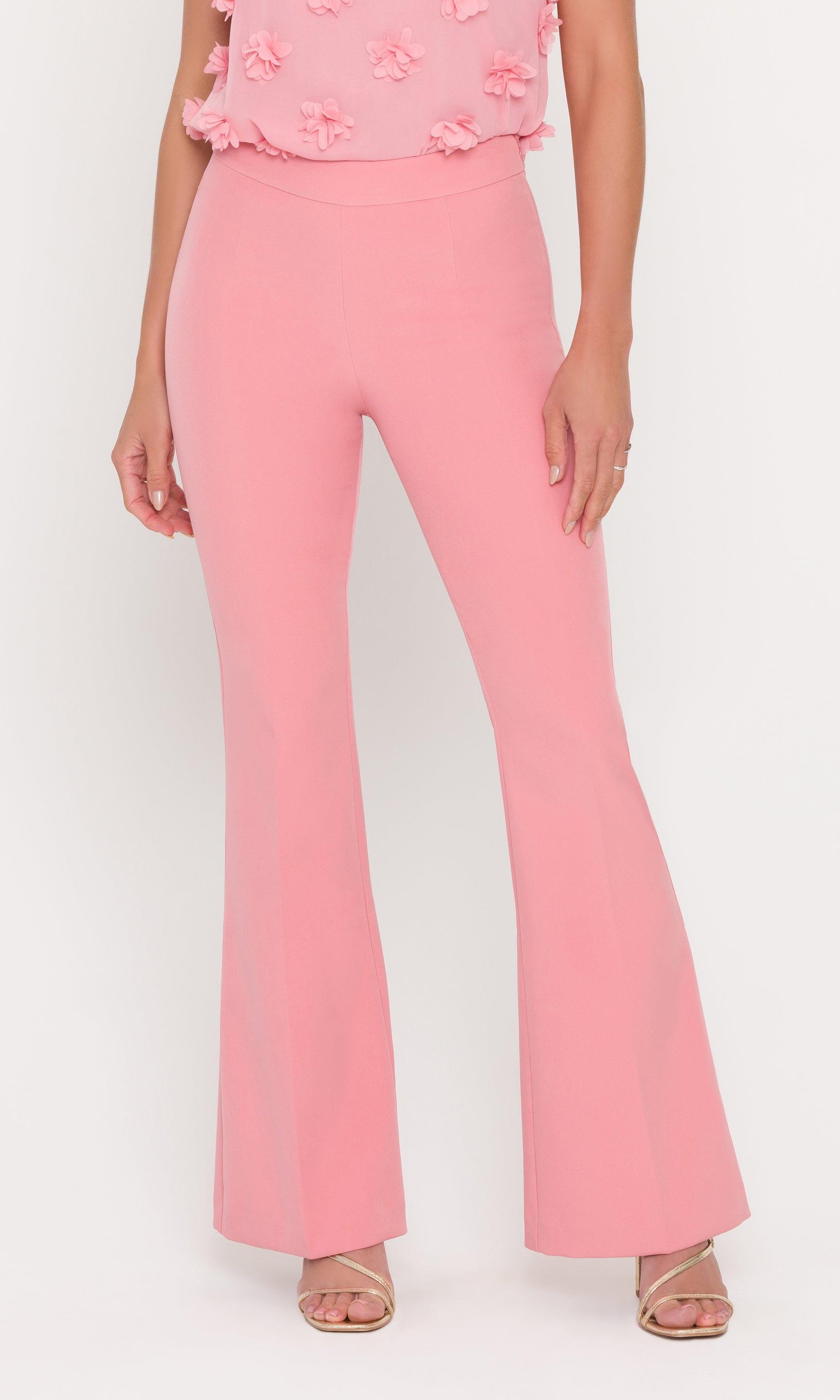 Close up of model wearing pink high waisted pants with flare.