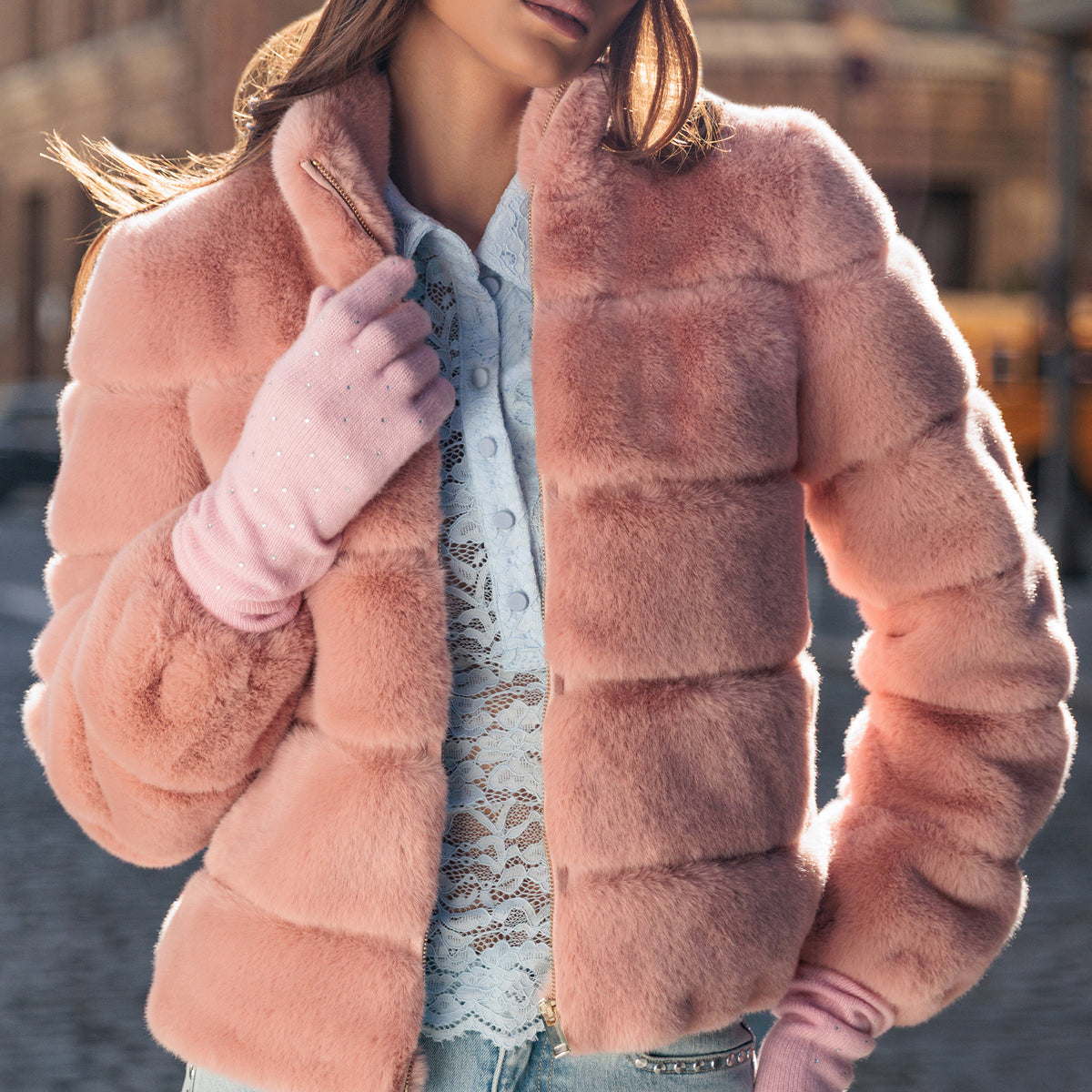Jodi Faux Fur Jacket in Misty Rose | Generation Love