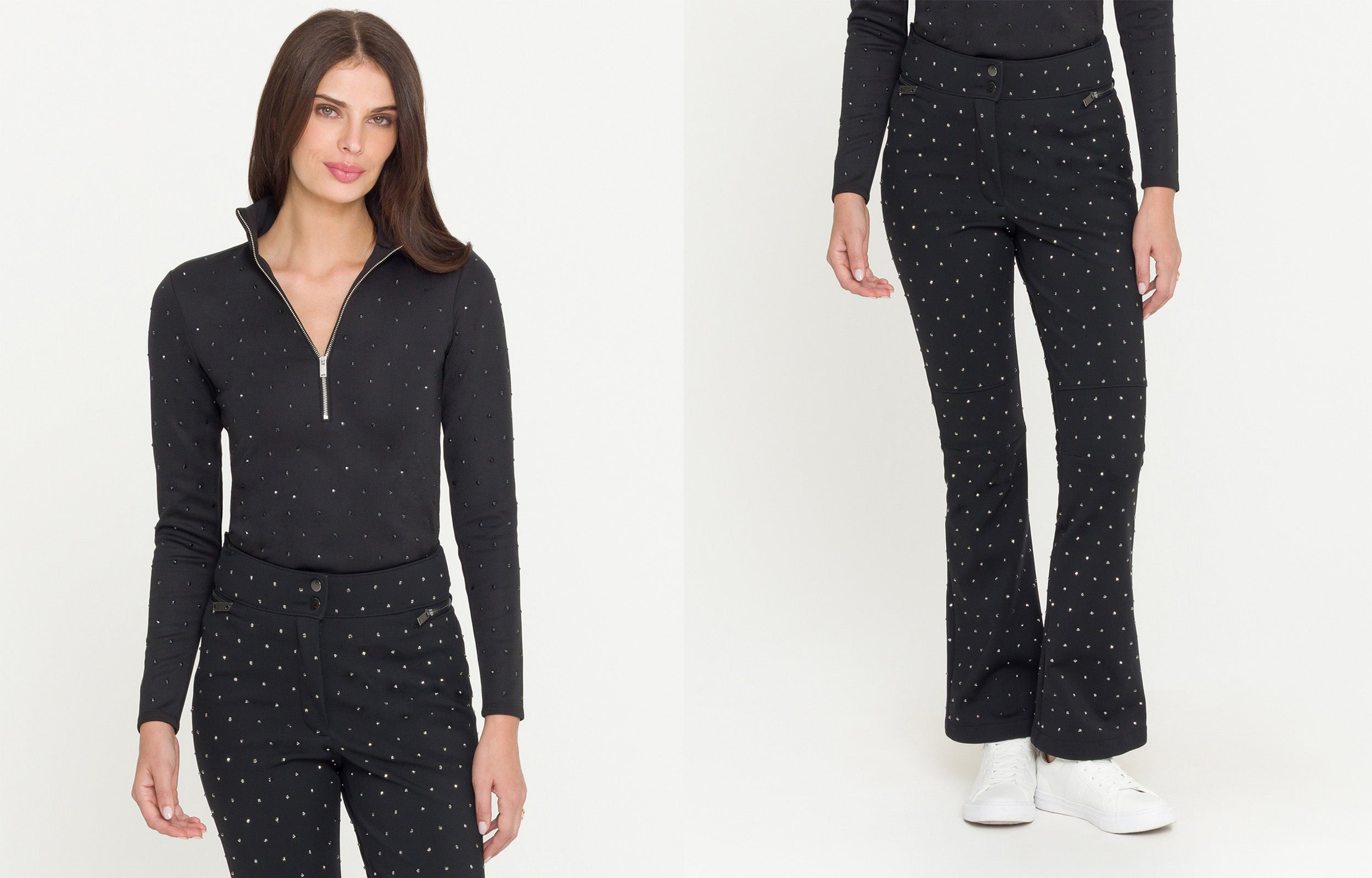 Woman wearing a black outfit with crystal embellishments on a white background