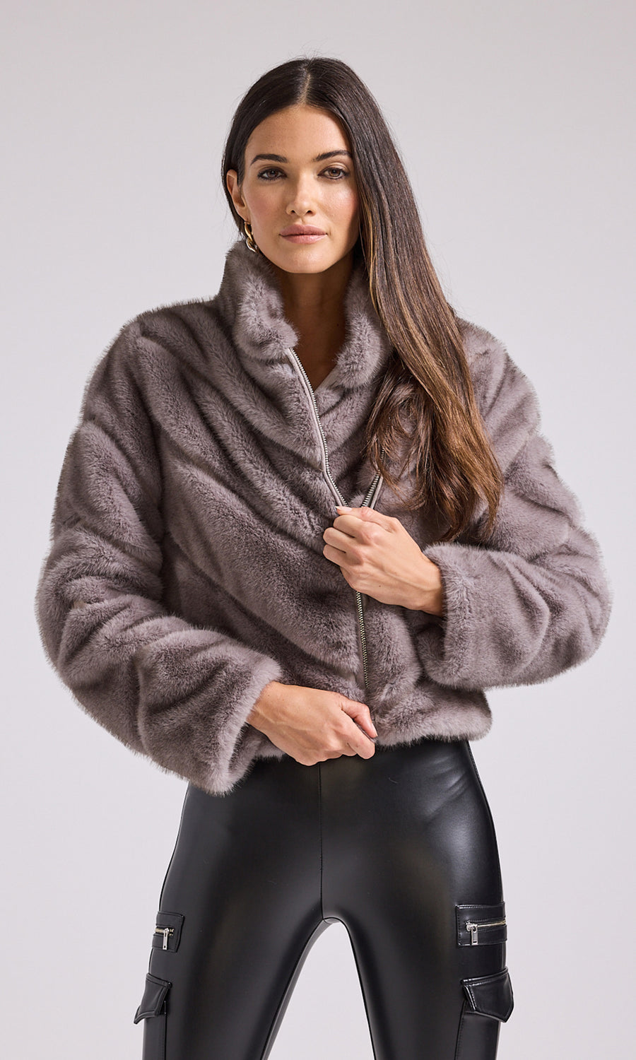 Cici Faux Fur Jacket - Grey w/ Brown