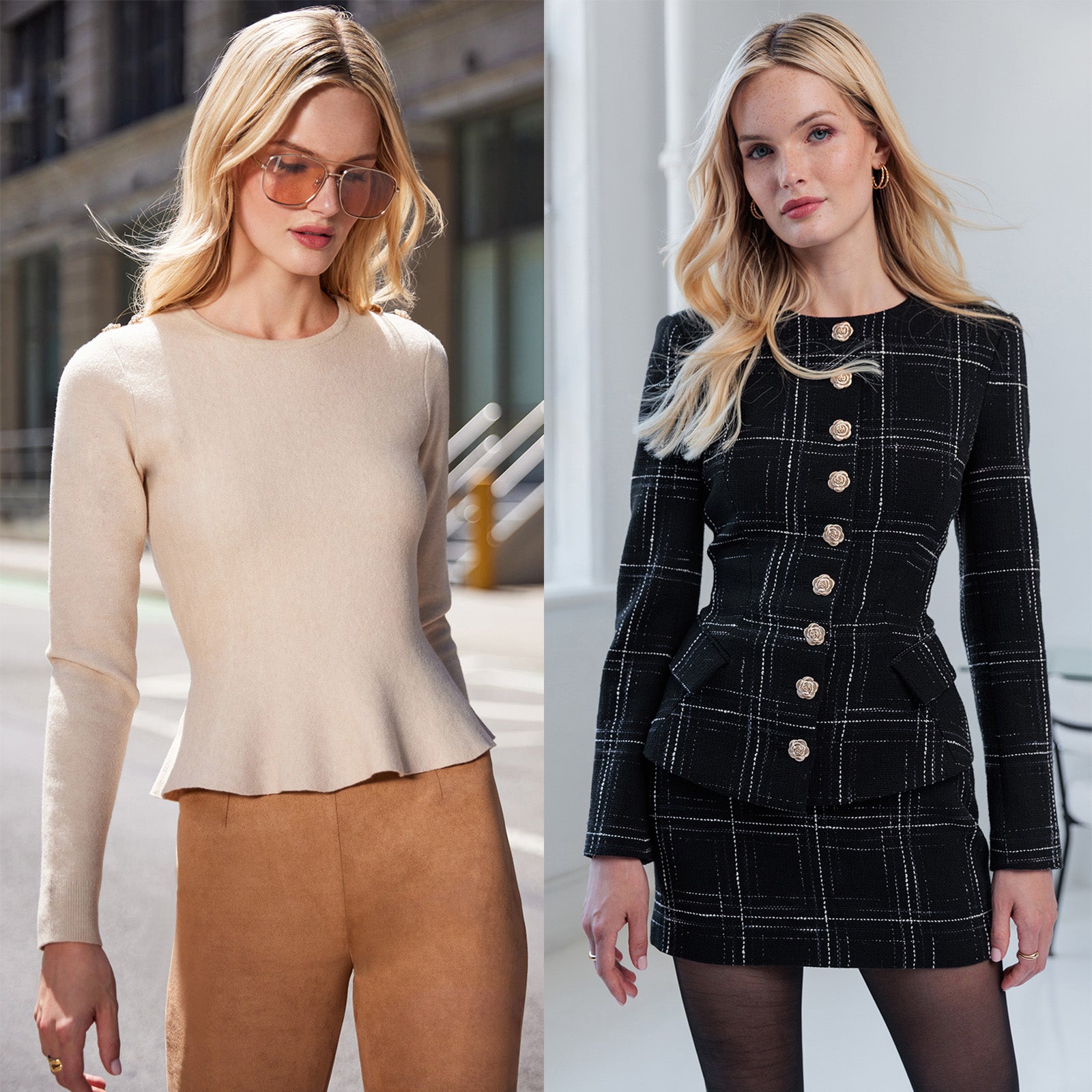 Two images of a woman in different outfits: beige top and brown pants, and black plaid dress with buttons.