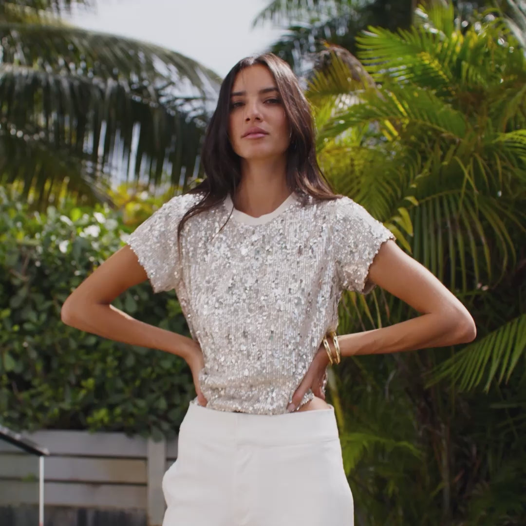 Video of two women wearing different summer sequin outfits: tops, skirts, and dresses.