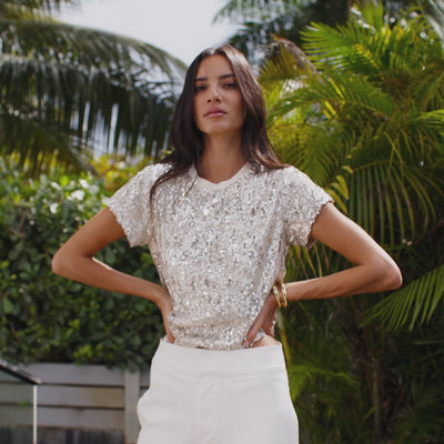 Video of two women wearing different summer sequin outfits: tops, skirts, and dresses.