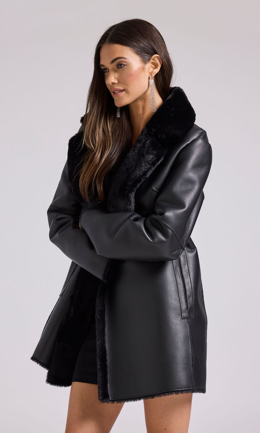 Megan Reversible Faux Fur Shearling Coat - Black