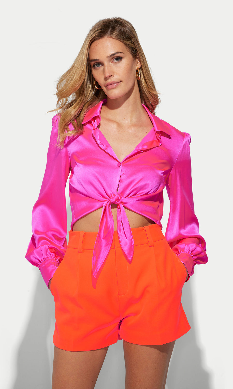 Emory Tie Front Blouse - Hot Pink