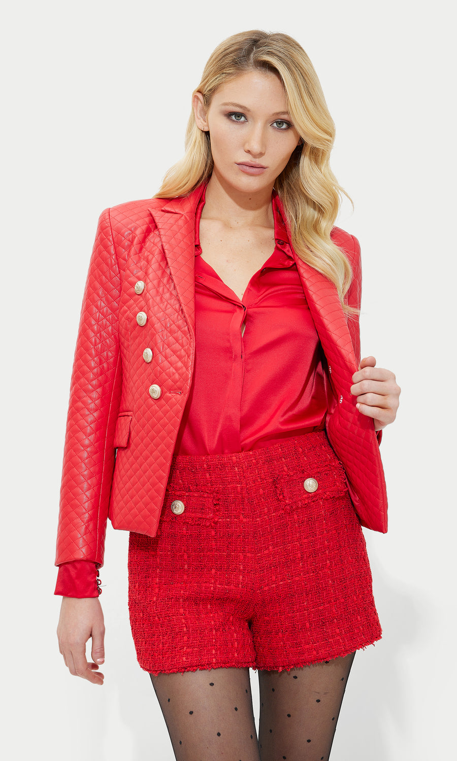 Angie Quilted Vegan Leather Blazer - Red