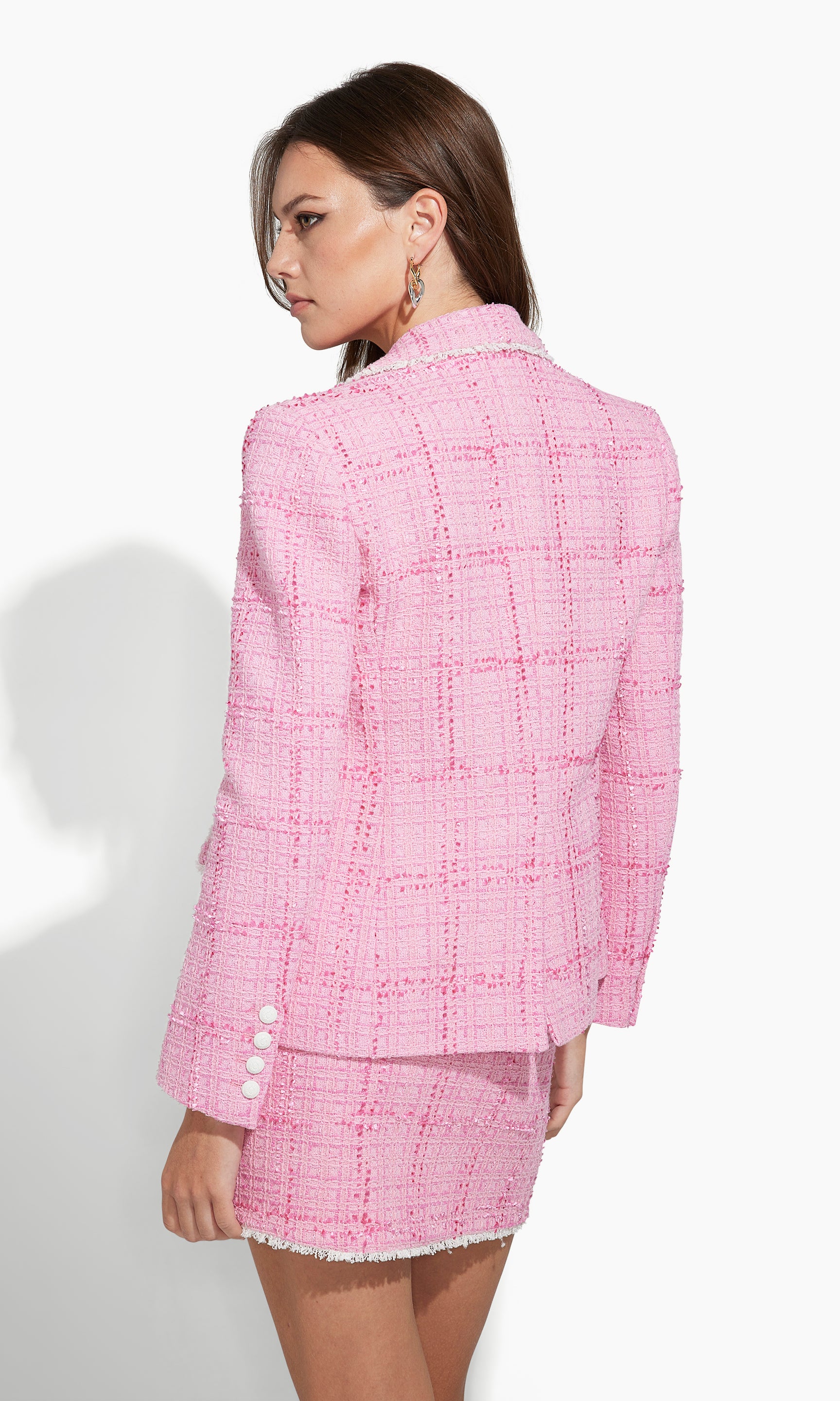 Chanel Pink Blazer  Pink tweed jacket, Chanel tweed jacket, Tweed jacket