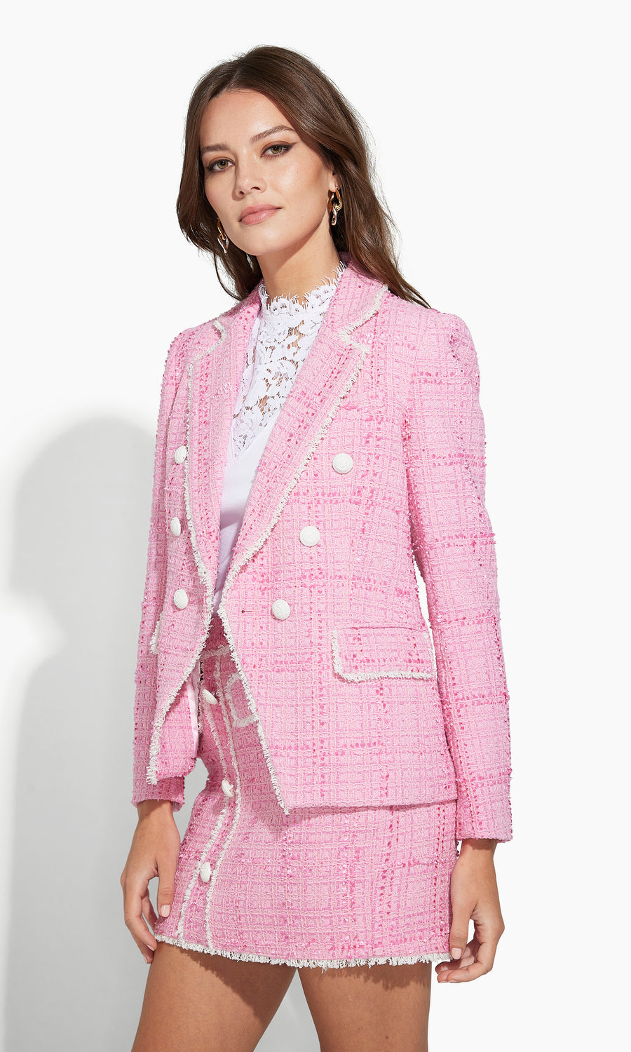 Gia Contrast Tweed Blazer - Pink/Cream