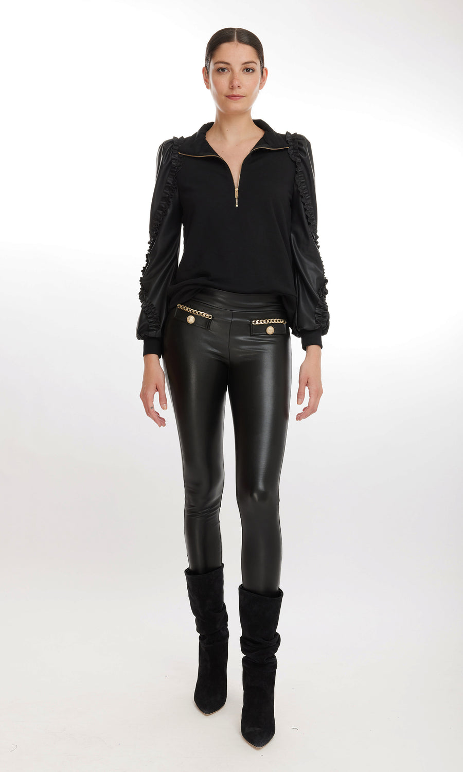 Anna Vegan Leather Combo Sweatshirt - Black