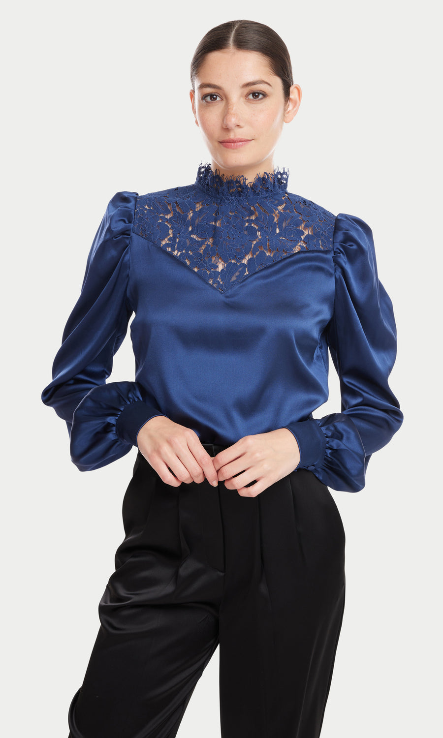 Libby Lace Combo Blouse - Navy