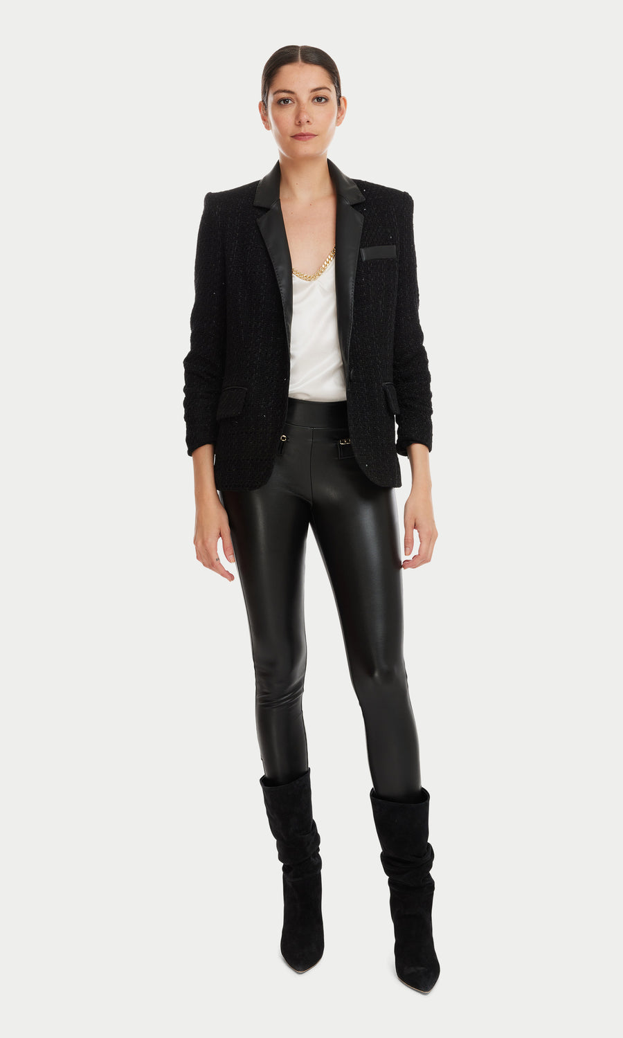Lexi Vegan Leather Combo Tweed Blazer - Black